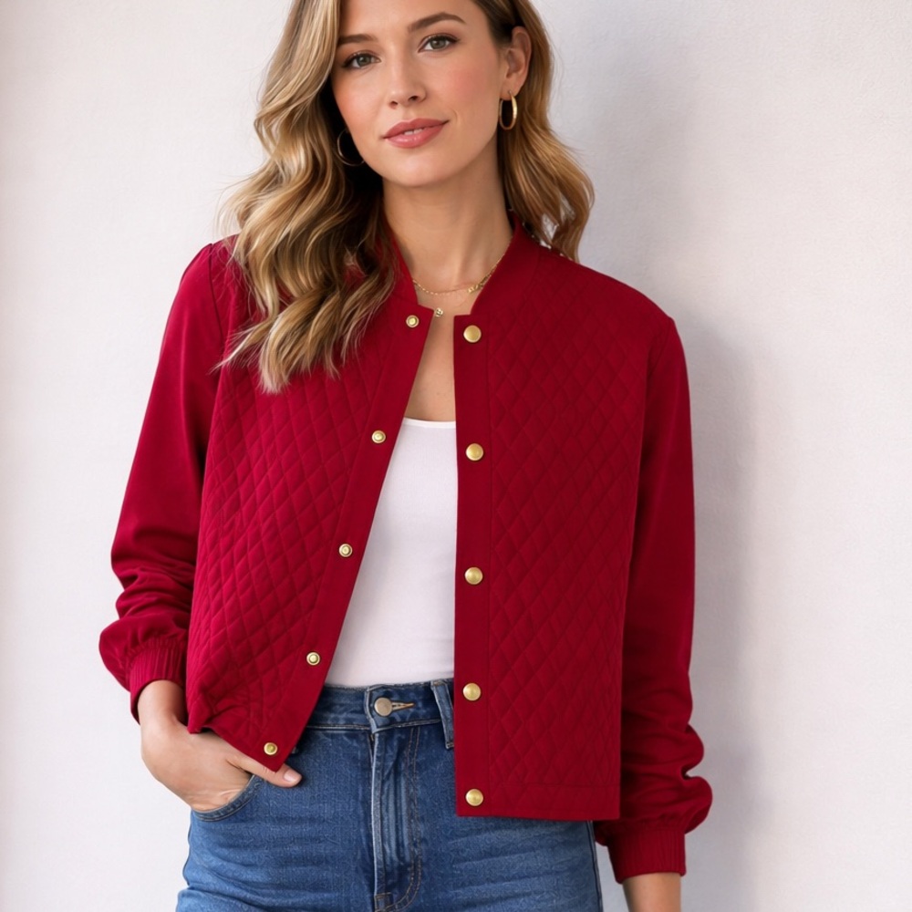 Vintage Jo Hardin Red Quilted Jacket Gold Button Lightweight Blazer made in USA